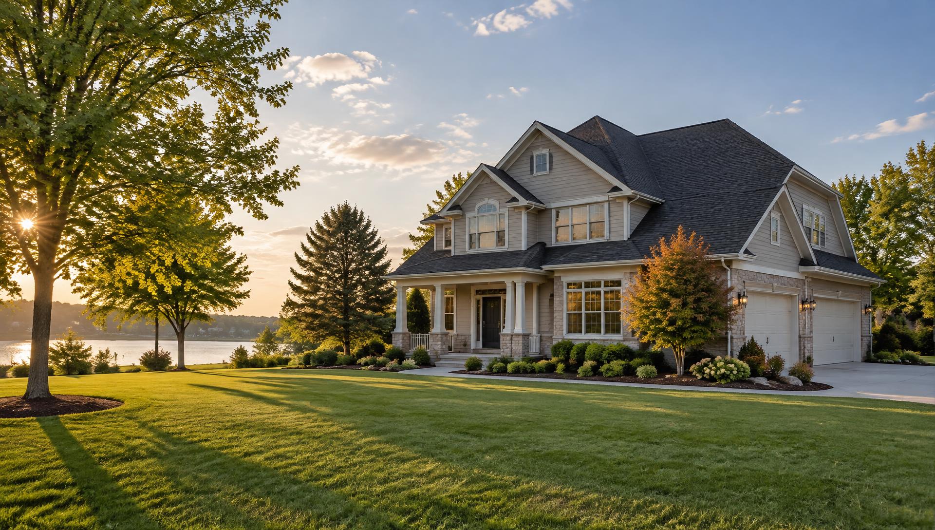 Two-story suburban home with a dark architectural shingle roof at sunset