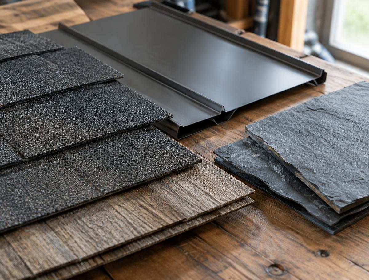 Samples of asphalt shingles, standing seam metal, and slate roofing materials