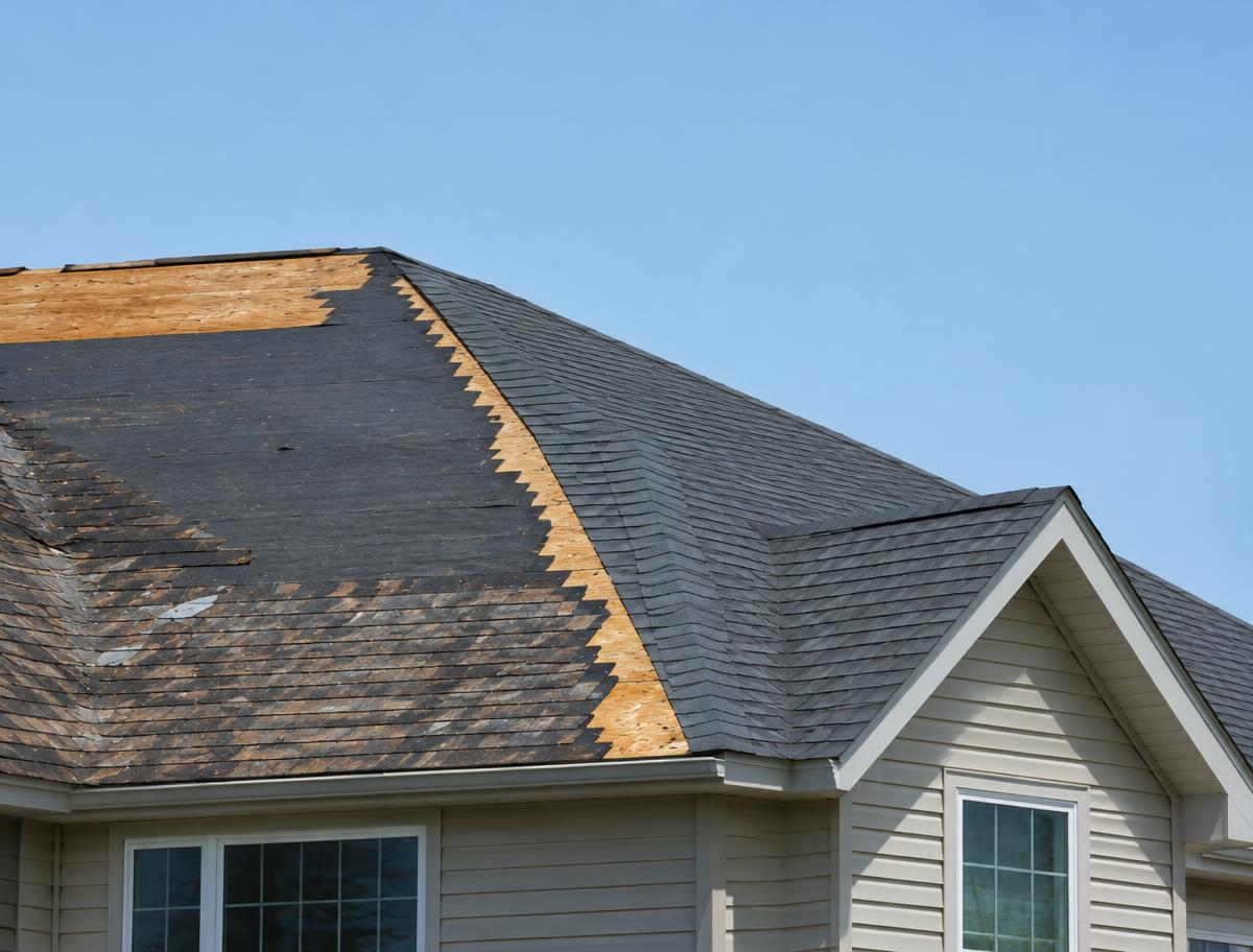 Residential roof partway through replacement, with old shingles removed and new shingles in place